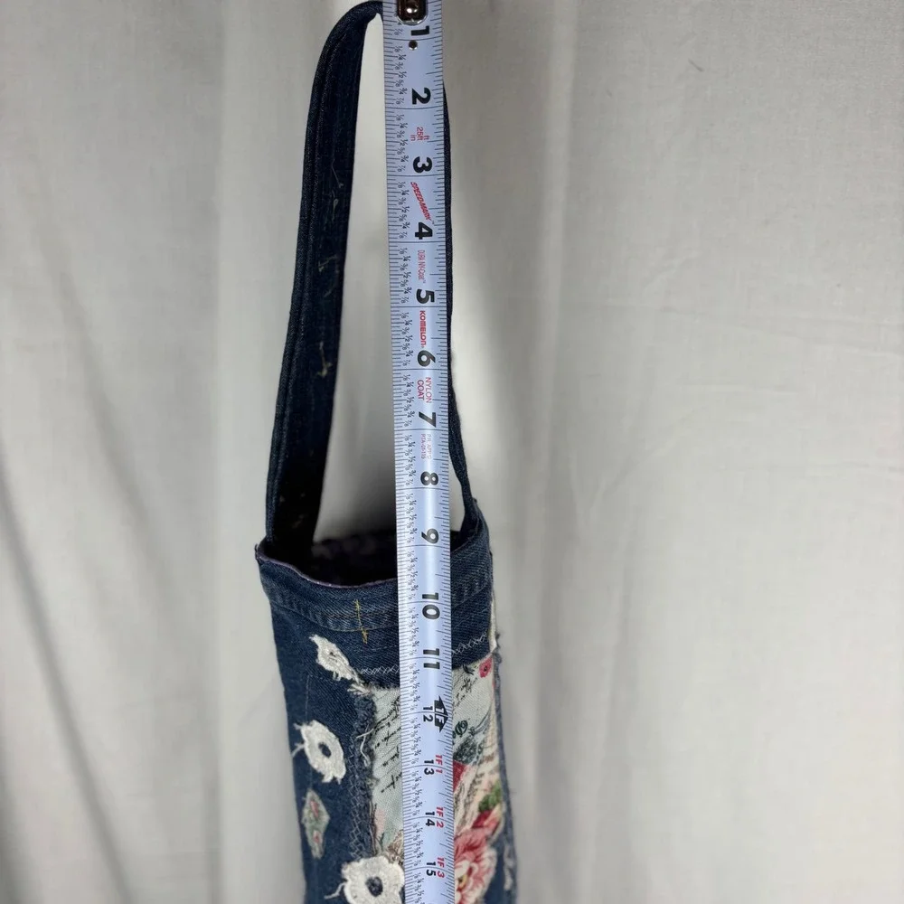 Handmade Denim Wine Tote Bag Floral Patchwork White‎ Lace Embellished